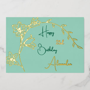 Simple Floral Pale Green & Gold Aged Birthday Foil Holiday Card