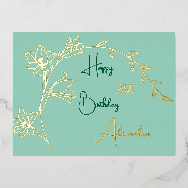 Simple Floral Pale Green & Gold Aged Foil Birthday Foil Holiday Postcard (Front)