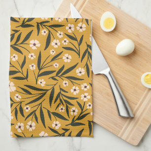 Simple Floral Pattern in Mustard Yellow and Green Tea Towel
