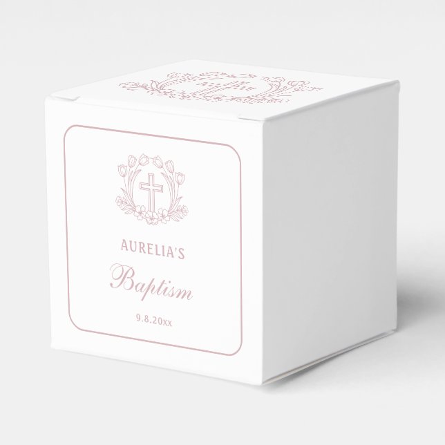 Simple Floral Pink Cross Baptism Cube Favour Box (Front Side)