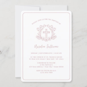 Simple Floral Pink Cross Baptism Invitation