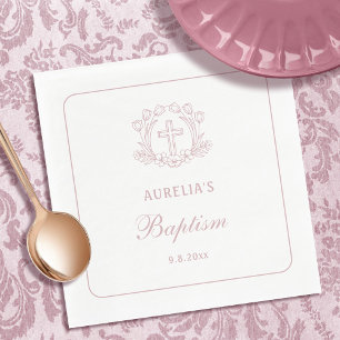 Simple Floral Pink Cross Baptism Napkin