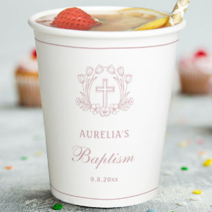 Simple Floral Pink Cross Baptism Paper Cups