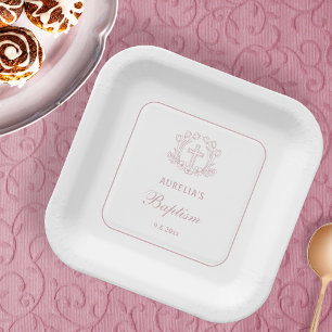 Simple Floral Pink Cross Baptism Square Paper Plate