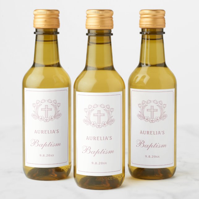 Simple Floral Pink Cross Baptism Wine Label (Bottles)