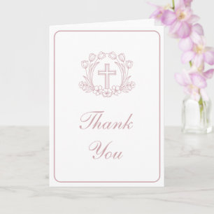 Simple Floral Pink Cross Religious Thank You Card