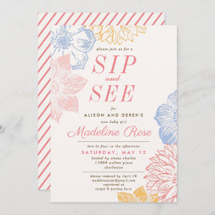 Simple Floral Pink Girl Sip and See Baby Shower Invitation