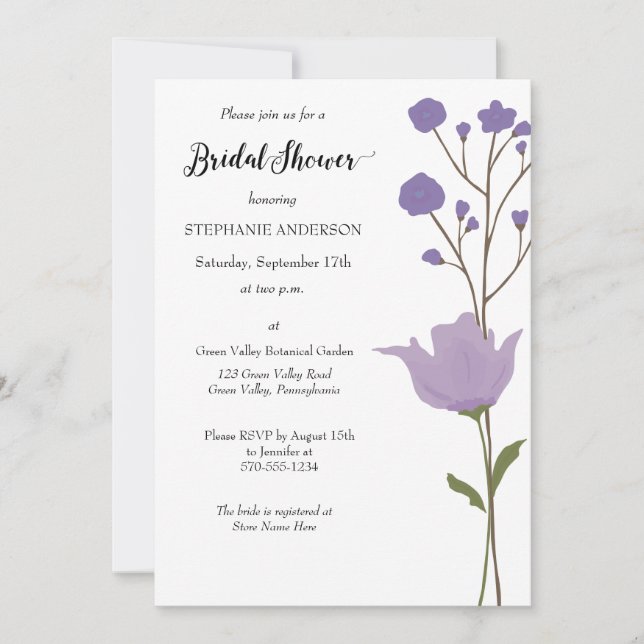 Simple Floral, Purple Floral Bridal Shower Invitation (Front)