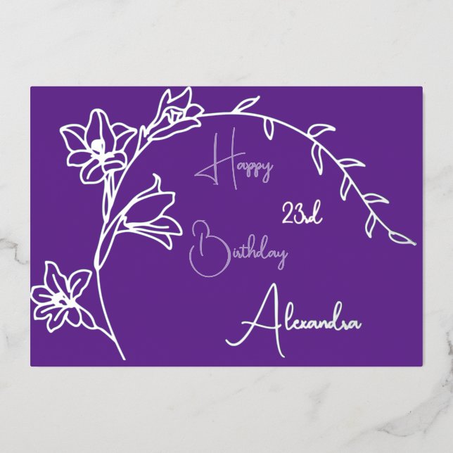Simple Floral Purple & Silver Aged Birthday Foil Holiday Card (Front)