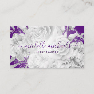 Simple Floral Purple & Silver Modern Script Business Card