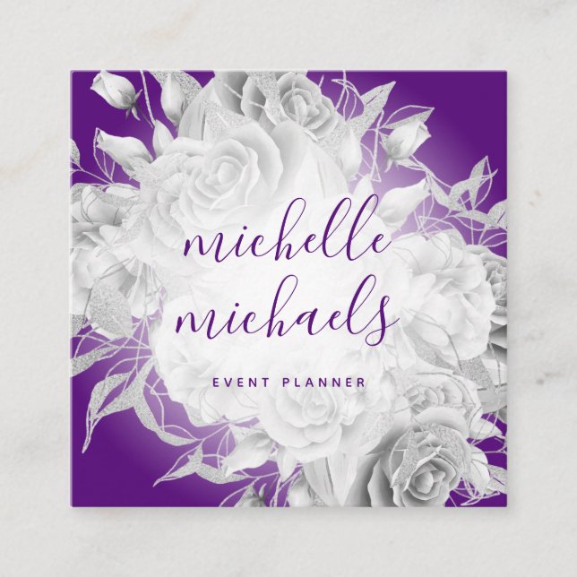 Simple Floral Purple & Silver Modern Script Square Business Card (Front)