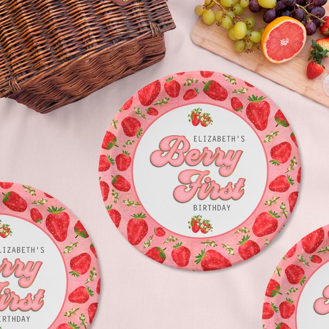 Simple Floral Red Strawberry Pattern Berry First Paper Plate (Creator Uploaded)