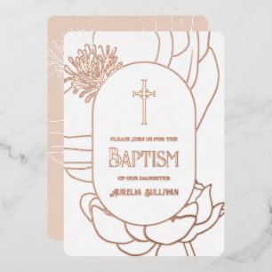 Simple Floral Rose Gold White Baptism Foil