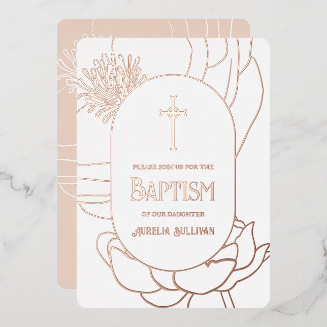 Simple Floral Rose Gold White Baptism Foil (Front/Back)