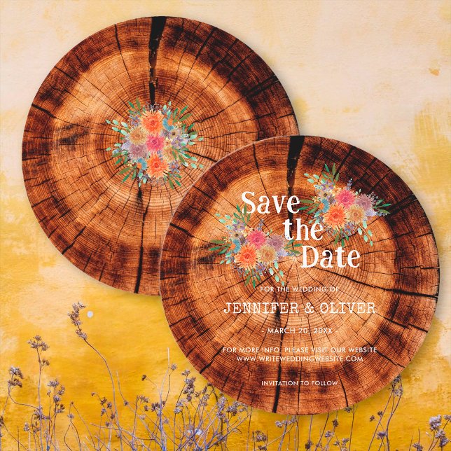 Simple Floral Rustic Wood Tree Bark Wedding Save The Date (Front/Back)