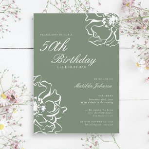 Simple Floral Sage 50th Birthday Party Invitation