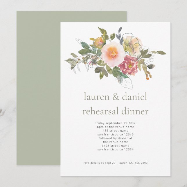 Simple Floral Sage Green Wedding Rehearsal Dinner  Invitation (Front/Back)