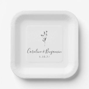 Simple Floral Script White Boho Wedding Custom Paper Plate