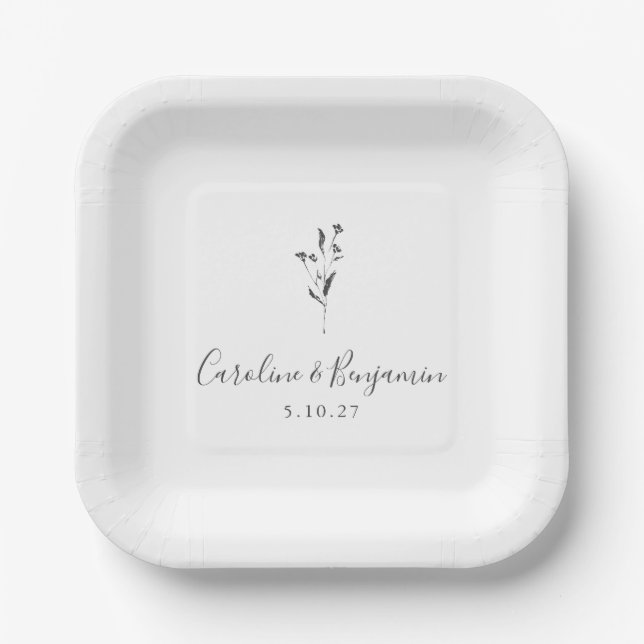 Simple Floral Script White Boho Wedding Custom Paper Plate (Front)
