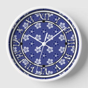 simple floral solid blue pattern retro small flowe clock