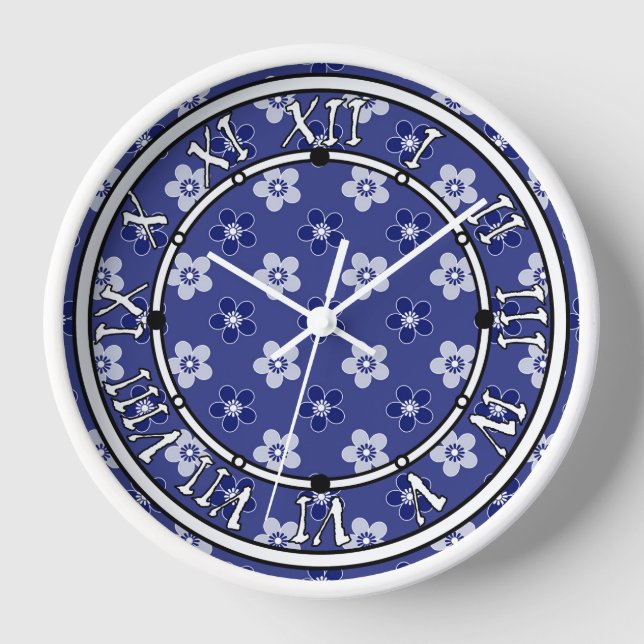simple floral solid blue pattern retro small flowe clock (Front)