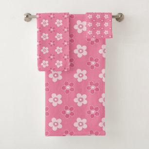 simple floral solid pink pattern retro small flow bath towel set