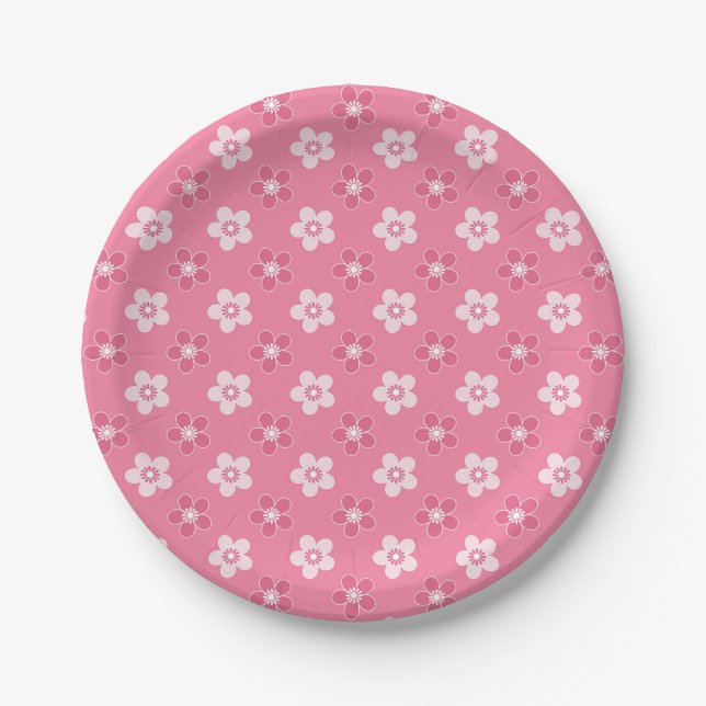  simple floral solid pink pattern retro small flow paper plate (Front)
