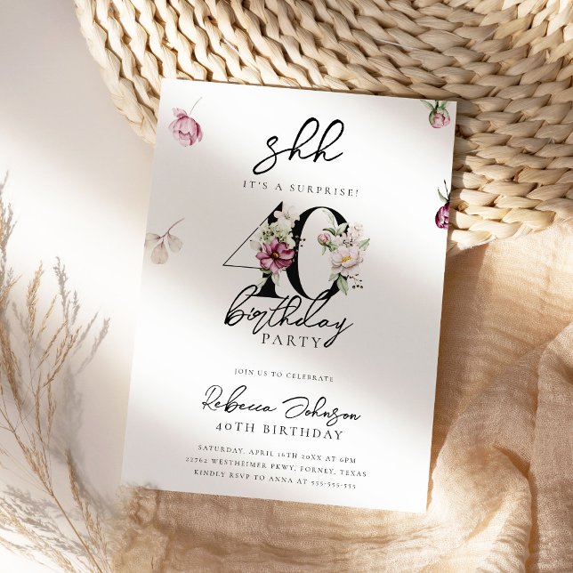Simple Floral Surprise 40th Birthday Party Invitation (Creator Uploaded)