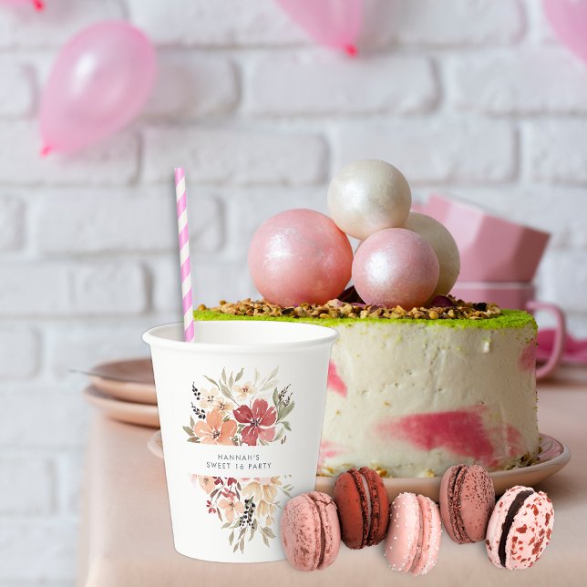 Simple Floral Sweet 16 Birthday Paper Cups (Creator Uploaded)