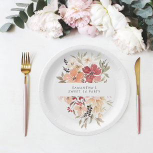 Simple Floral Sweet 16 Birthday Paper Plate