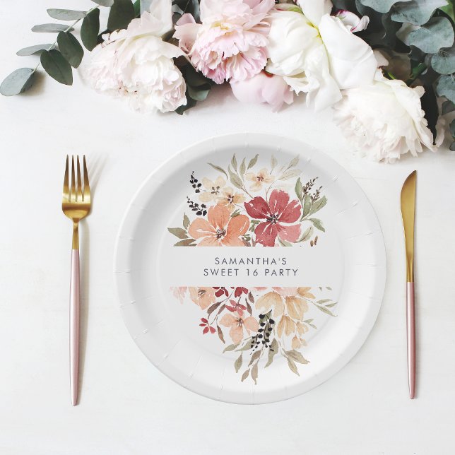 Simple Floral Sweet 16 Birthday Paper Plate (Creator Uploaded)