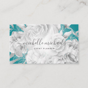 Simple Floral Teal & Silver Modern Script  Business Card