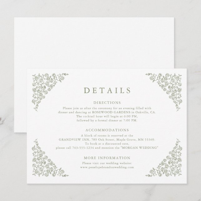 Simple Floral Timeless Sage Green Wedding Details  Enclosure Card (Front/Back)