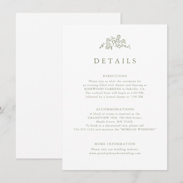 Simple Floral Timeless Sage Green Wedding Details  Enclosure Card (Front/Back)