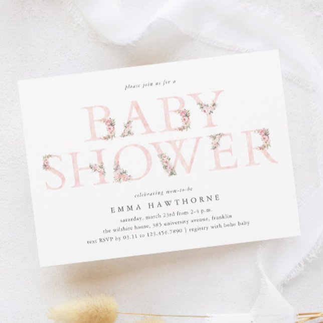 Simple Floral Typography Pink Baby Shower Invitation (Elegant Floral Typography Baby Pink Shower Invitation.)