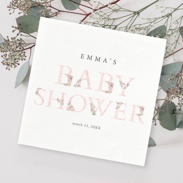 Simple Floral Typography Pink Baby Shower Napkin (Elegant Pink Floral Typography Baby Shower Napkins.)