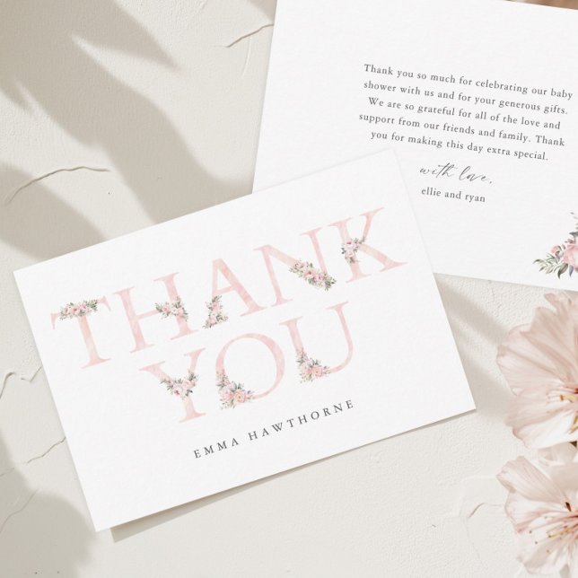 Simple Floral Typography Pink Baby Shower Thank You Card (Elegant Floral Typography Pink Baby Shower Thank You Cards.)