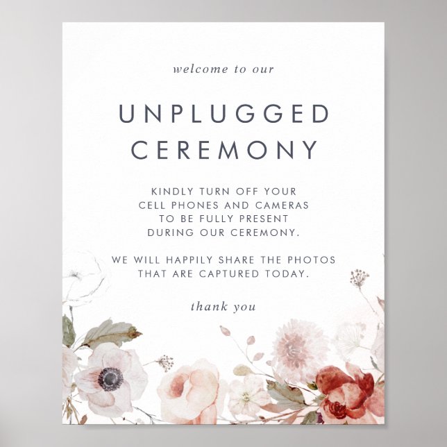 Simple Floral Unplugged Ceremony Sign (Front)