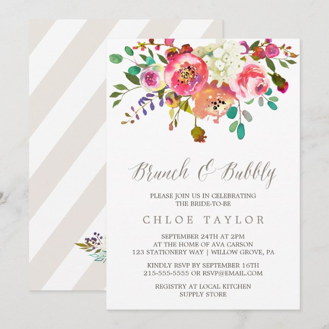 Simple Floral Watercolor Bouquet Brunch and Bubbly Invitation (Front/Back)