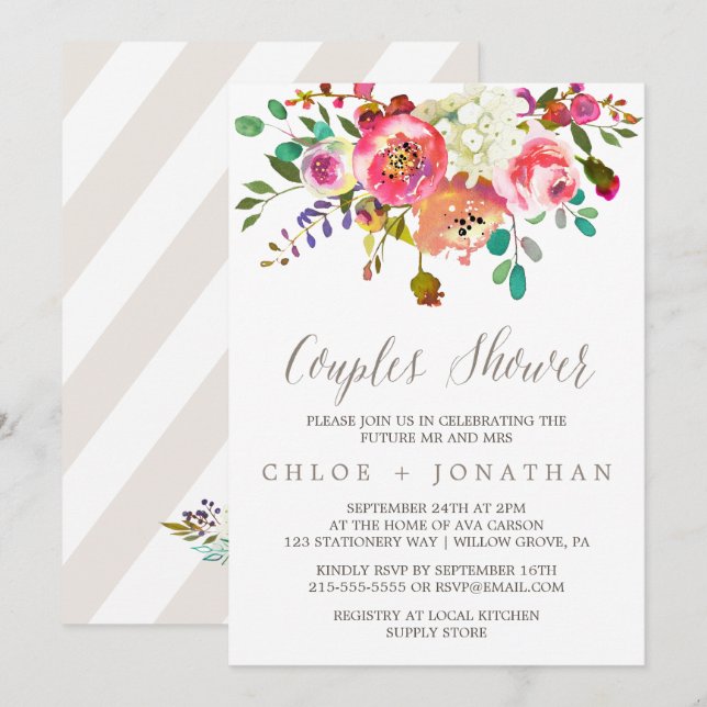 Simple Floral Watercolor Bouquet Couples Shower Invitation (Front/Back)