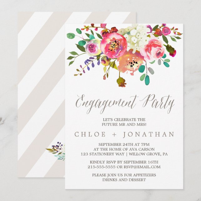 Simple Floral Watercolor Bouquet Engagement Party Invitation (Front/Back)