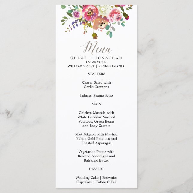 Simple Floral Watercolor Bouquet Wedding Menu Card (Front)