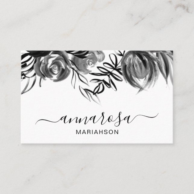 *~ Simple Floral Watercolor Elegant Black Flowers Business Card (Front)