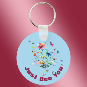 Simple Floral Watercolor Monogram Bee on blue   Key Ring