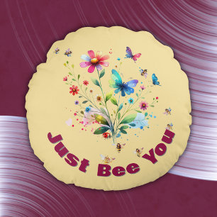 Simple Floral Watercolor Monogram Bee on peach Round Cushion