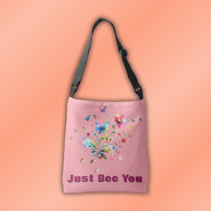 Simple Floral Watercolor Monogram Bee on pink Crossbody Bag