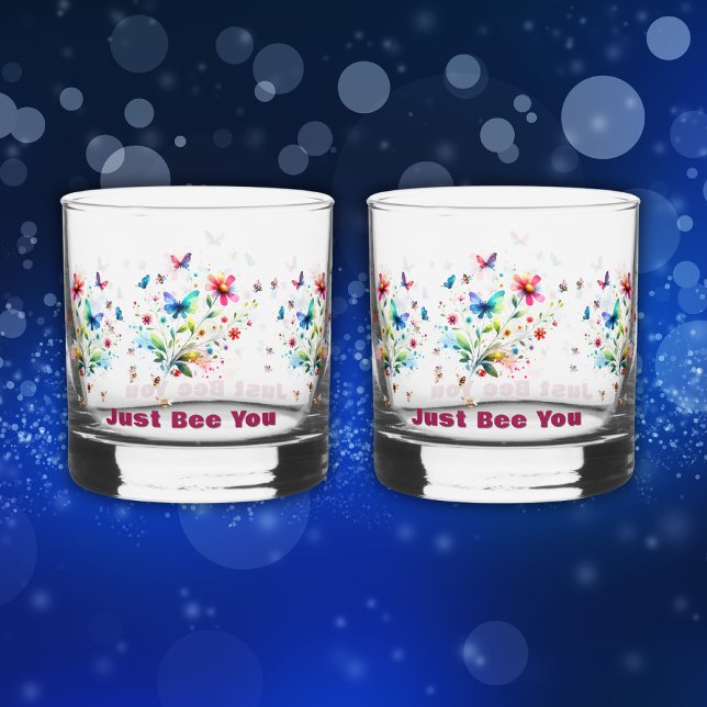 Simple Floral Watercolor Monogram Bee Whiskey Glass (Creator Uploaded)