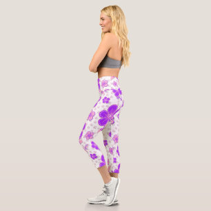Simple Floral Watercolor Print Purple and Pink Capri Leggings