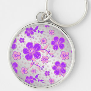 Simple Floral Watercolor Purple and Pink on Silver Key Ring