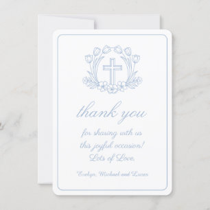 Simple Floral White Blue Baptism Thank You Card